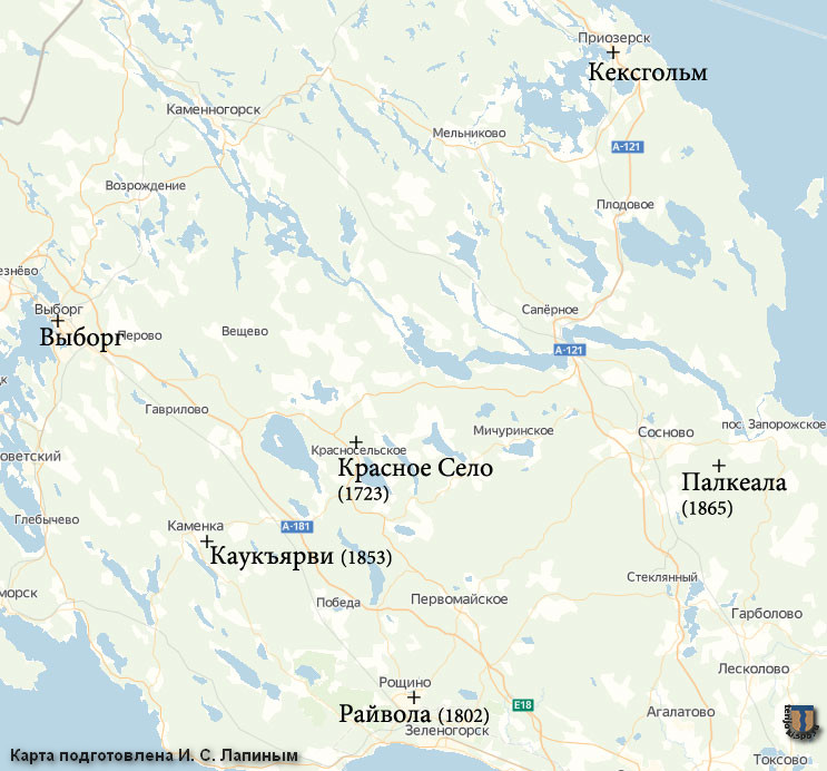 Православные церкви на Карельском перешейке на 1870 год. Карта подготовлена И. С. Лапиным, апрель 2020 г.