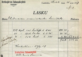 sr Uusikirkko Maamieskoulu bill 1917-1